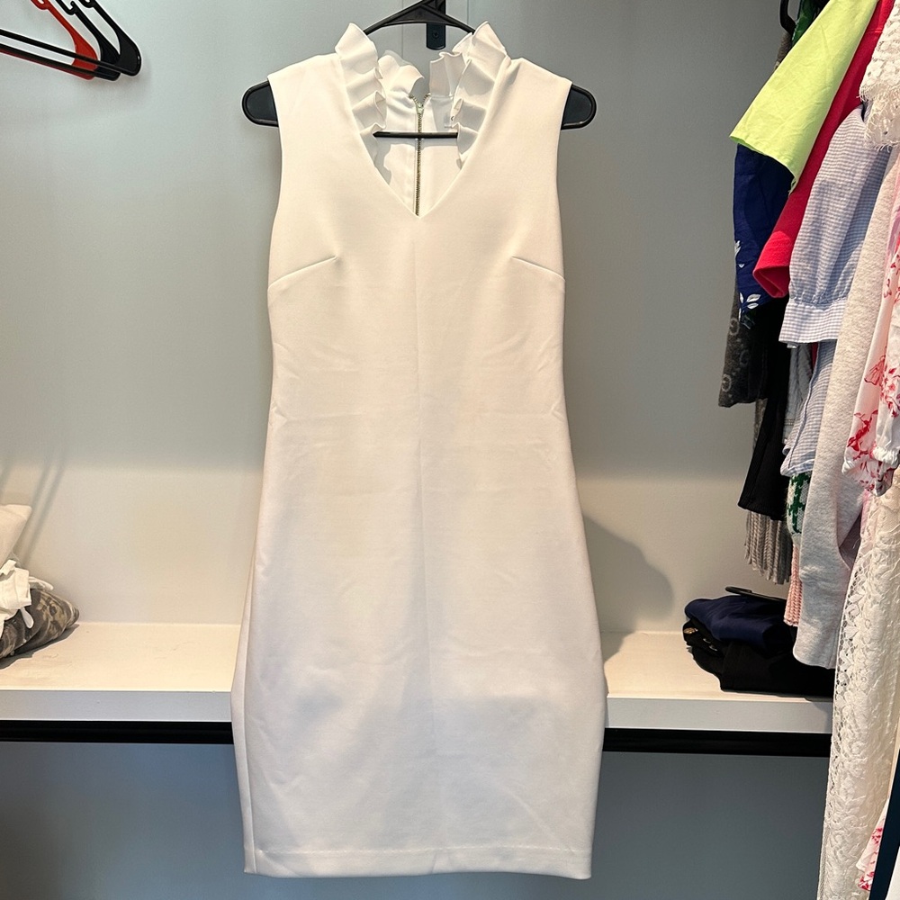 Calvin Klein Cream Sleeveless Midi Dress with Ruffle Neck